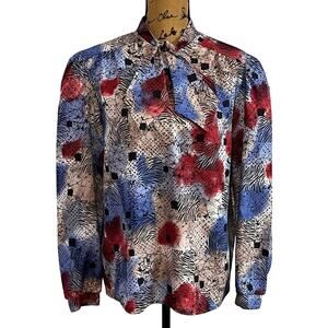 Vintage 70s 80s Devon Bow Tie Neck Long Sleeve Multicolor Blouse Women’s L